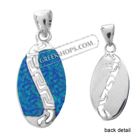 The Neptune Collection - Sterling Silver Pendant - Oval w/ Greek Key & Opal (20mm)