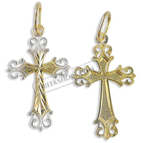 14k Gold Cross Pendant - Floral and Chevron with White Gold (22mm)