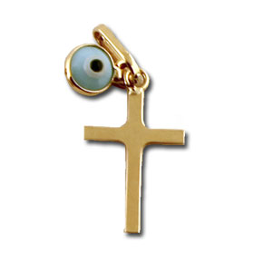 14k Gold Cross with Blue Evil Eye
