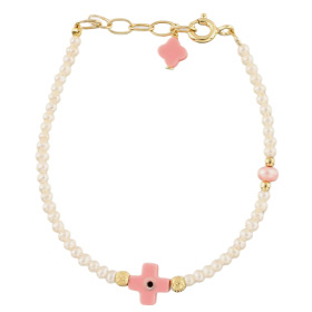 The Nefeli Collection - Pearl Bracelet with Mother of Pearl Pink Cross And Evil Eye (2mm beads)
