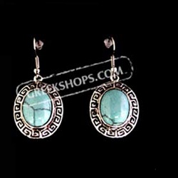 Hook Earrings w/ Turquoise Stone and Greek Key Motif (18mm)