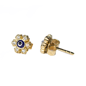 24K Gold Overlay Floral Shaped Evil Eye Earrings w/ Cubic Zirconia 6mm