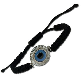 Black Komboskini Macrame Adjustable Bracelet with Sterling Silver Round "Mati" Evil Eye w/ Greek Key
