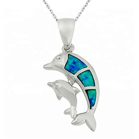 Sterling Silver and Opal Dual Dolphin Pendant w/ 16" chain, 16mm