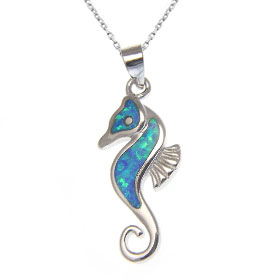 Sterling Silver and Opal Seahorse 22mm Pendant w/ 16" Rope Chain