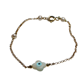 The Nefeli Collection - Gold Plated 24K Bracelet with Mother of Pearl White Cross and Evil Eye 