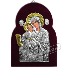 Silver Icon on Red Velvet Frame - Panayia ( Virgin Mary ) 17x24cm