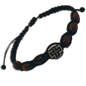 Adjustable Wooden Bead Komboskini style Bracelet w. Rounded Cross