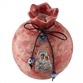 Ceramic Pomegranate w/ Virgin Mary and Evil Eye Charm (Medium)