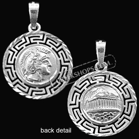 Platinum Plated Sterling Silver Pendant - Athena and Parthenon with Greek Key (17mm)