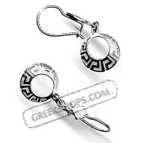 Platinum Plated Sterling Silver Earrings - Oval Greek Key Motif Dangle (33mm)