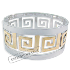 Greekshops Com Greek Products Stainless Steel Collections Stainless Steel Cuff Bracelet Greek Key Motif Silver And Gold Color 31mm
