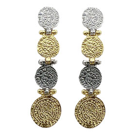 Two Tone Gold Plated Silver Quadruple Phaistos Disk Earrings 
